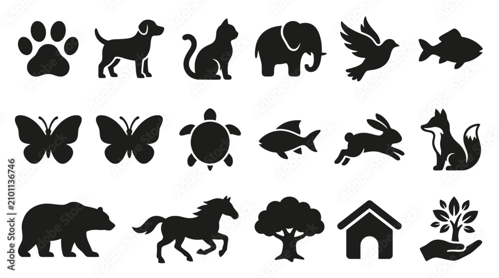 Obraz premium Collection of black animal and nature silhouette icons including a paw print, dog, cat, elephant, bird, fish, butterfly, turtle, rabbit, fox, bear, horse, tree, house, and a hand holding a plant.