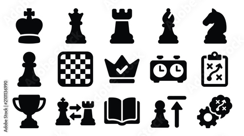 Tableau sur toile Collection of black chess icons representing strategy, competition, and victory in a game