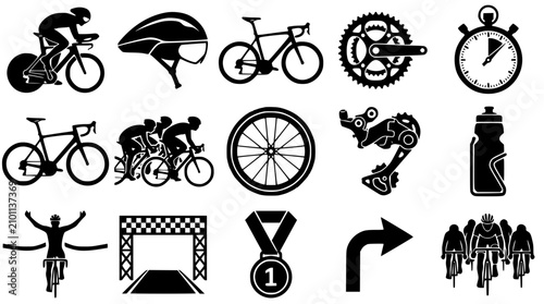 Photos Cycling elements in silhouette with stopwatch and medal for sport promotion