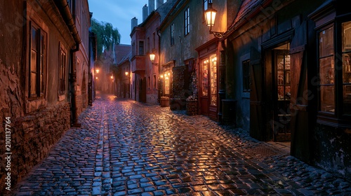 Old cobblestone street dusk warm lights