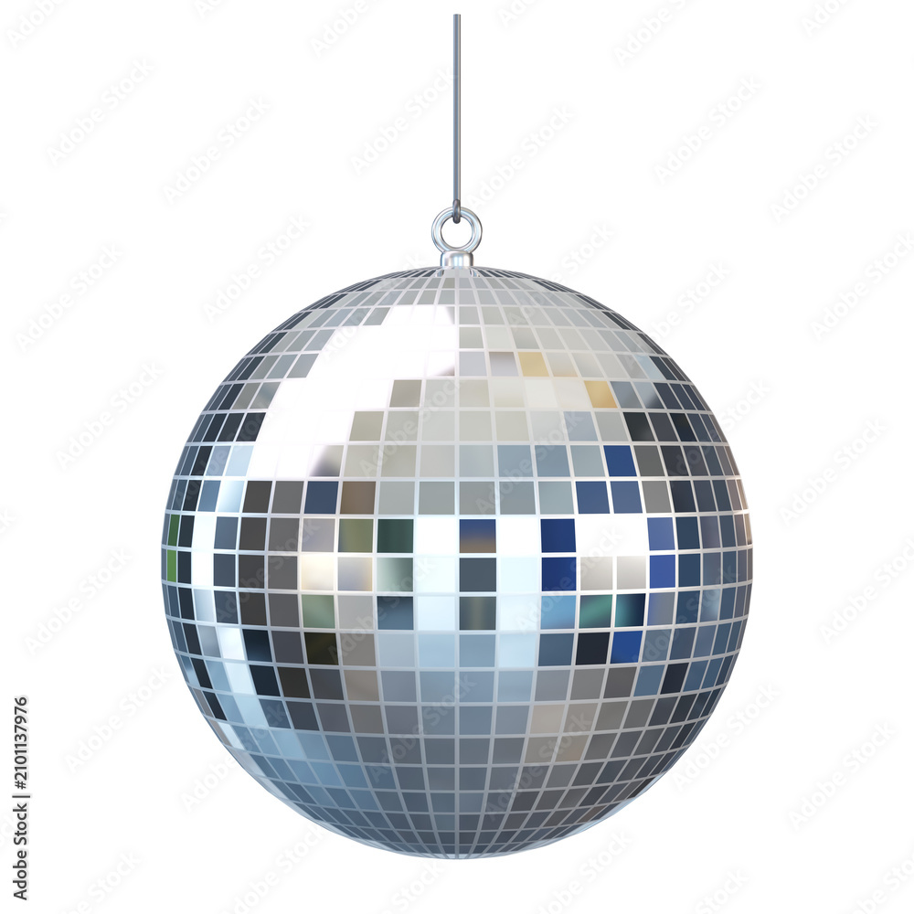 Obraz premium Glossy silver 3d Disco Ball, isolated on background for vibrant party decoration, 3D render