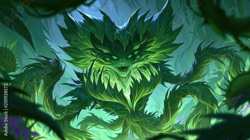 Mysterious Green Elemental Guardian Emerging from Lush Flora in a Enigmatic Forest Setting
