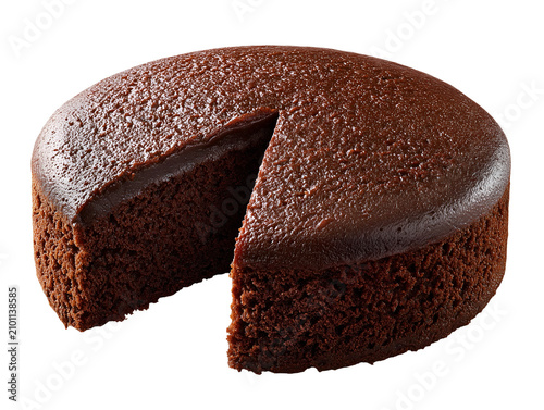 Whole chocolate cake with rich chocolate ganache and one slice removed, isolated on a white background.