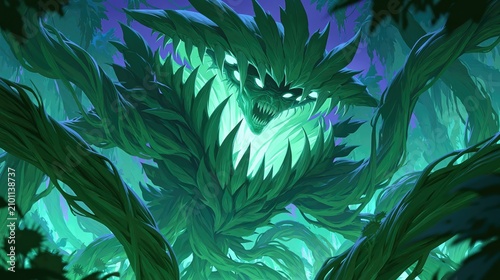 Enigmatic Forest Guardian: A Lush, Mysterious Creature Amidst Glowing Foliage