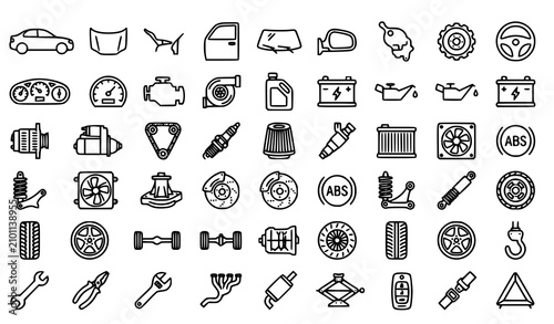 Car auto parts automobile mechanic and vehicle repair vector line icon set