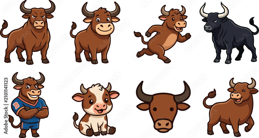 Fototapeta premium Cute Bull Ox and Cow Cartoon Character Set Featuring Various Poses Like Running Standing Angry Head Silhouette and Sports Jersey Mascot VectorCute Bull Ox and Cow Cartoon Character Set Featuring Vario
