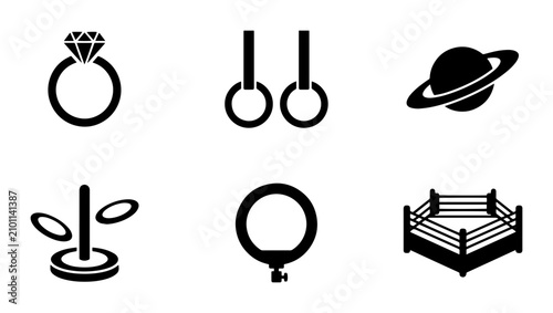 Foto 6 assorted silhouette icons: ring, gymnastics rings, planet, trophy, ring light,