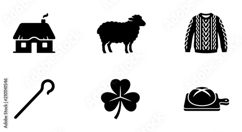 Schilderij op canvas 6 Irish country life silhouette icons, flat, for cultural themes