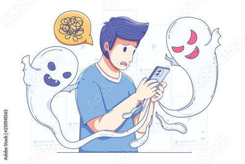 Tablou pe pânză Doomscrolling Anxiety  illustration depicted a man anxiously staring at his smartphone while ghostly hands surround his body, symbolizing the state of being trapped in endless scrolling