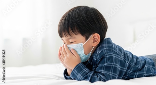 Sick boy wearing a medical mask. Child with flu symptoms resting on a bed at home.