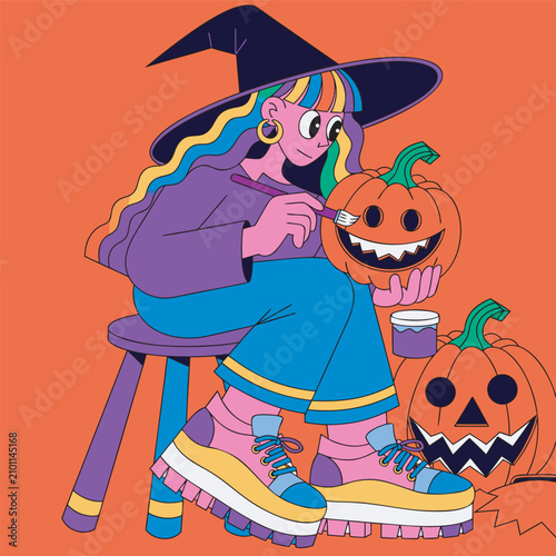 Rainbow Hair Witch Painting Halloween Pumpkin Jack O Lantern Cartoon Vector Illustration