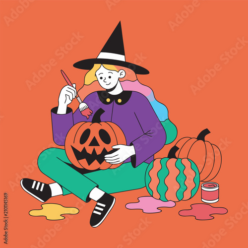 Cute Rainbow Hair Witch Painting Jack O Lantern Pumpkin for Halloween Cartoon Vector Illustration