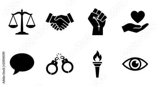 Social Justice Icons: Scales of Justice, Handshake, Fist, Heart, Speech Bubble, Broken Handcuffs, Torch, Eye