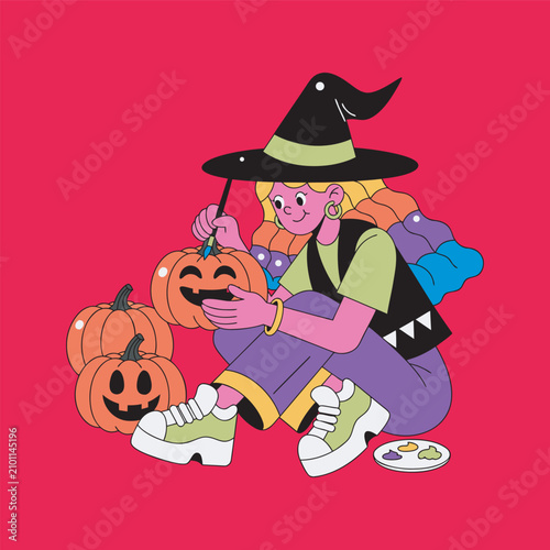 Cute Rainbow Hair Witch Decorating Smiling Halloween Pumpkins Cartoon Vector Illustration