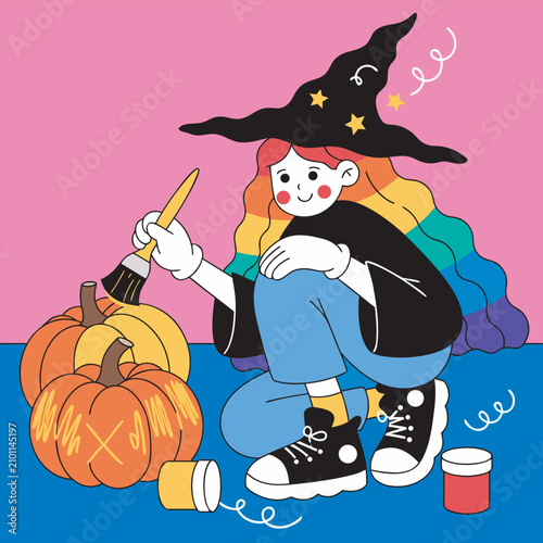 Cute Rainbow Hair Witch Painting Halloween Pumpkins Cartoon Flat Vector Illustration