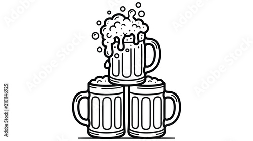 Three frothy beer mugs stacked in a pyramid shape, simple line art illustration celebrating Oktoberfest and social gatherings