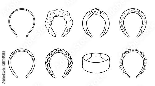 8 Headband Styles Icon Set, Outline, for Fashion and Beauty Collections