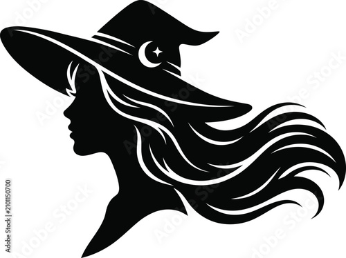 Canvastavla Mysterious Witch Woman Silhouette with Hat and Crescent Moon Vector
