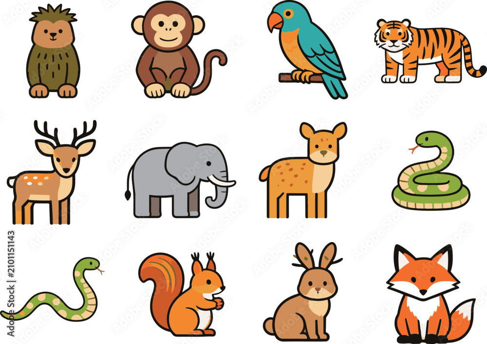 Obraz premium Cute cartoon animal icon collection featuring wild and forest animals in a colorful flat style, isolated on a white background for educational, children's, and design projects.