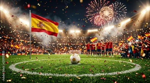 Spanish national football team victory celebration in stadium with fireworks and confetti