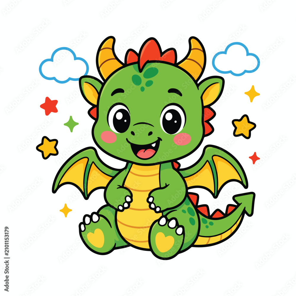Fototapeta premium Cute Dragon Mascot Cartoon Flat Vector Illustration Kawaii Fantasy Dragon Character for Stickers, T-Shirts and Merchandise