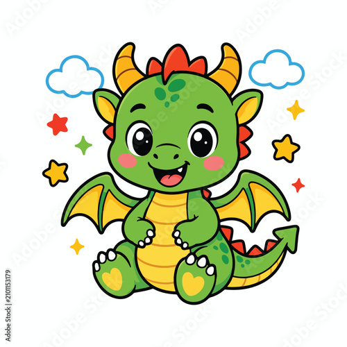 Cute Dragon Mascot Cartoon Flat Vector Illustration Kawaii Fantasy Dragon Character for Stickers, T-Shirts and Merchandise
