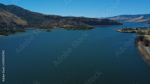  Pan left from east to west over Columbia River Gorge I-84 highway near Rowena.