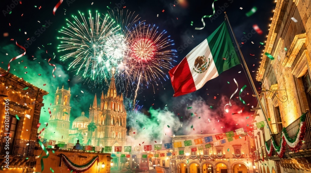 Obraz premium Mexican independence day celebration with fireworks over san miguel de allende church