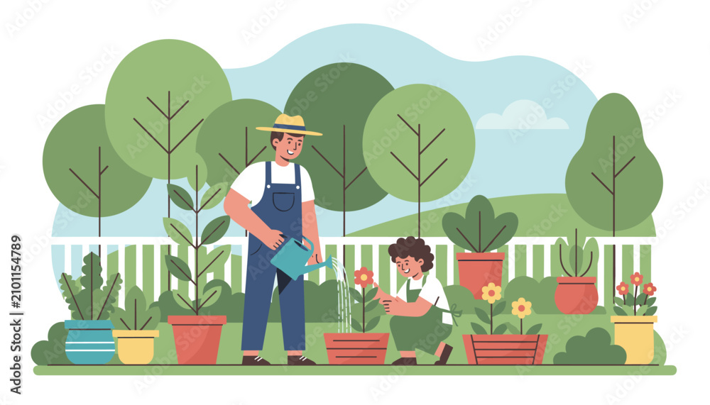 Fototapeta premium Father and young son enjoying a sunny spring day together while watering potted flowers in their backyard garden.