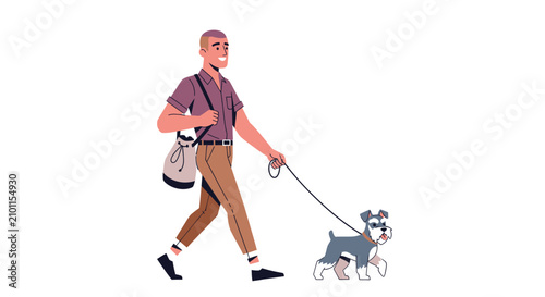 Elderly man walking small dog on leash outdoors.