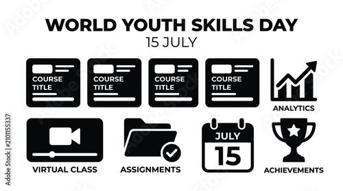 Black and white vector graphic illustration representing world youth skills day with various educational icons