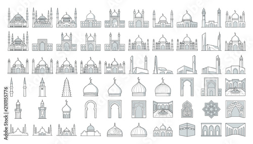 Schilderij op canvas Set of mosque icons, islamic architecture, domes, minarets, arches, and religiou