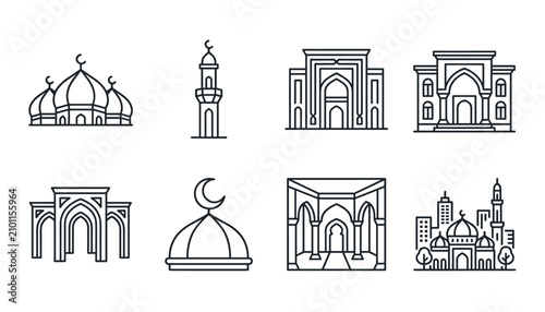Foto Set of mosque icons, islamic architecture, religious buildings, minaret, dome, a