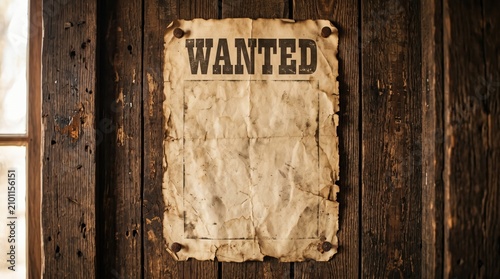 Wanted Poster on Wooden Wall: An aged Wanted poster, weathered and torn, is affixed to a rustic wooden wall, evoking the spirit of the Wild West.
