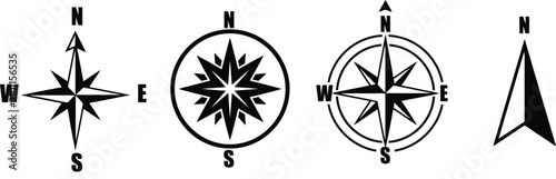 Collection of various compass rose and north arrow navigation symbols for map orientation with navigation direction orientation geography pointing cardinal cartography