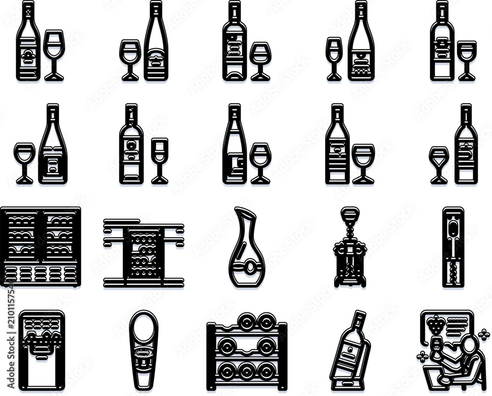 Obraz premium Collection of stylized black and white line icons representing various wine concepts, including bottles, glasses, decanters, corkscrews, racks, and a person enjoying a tasting