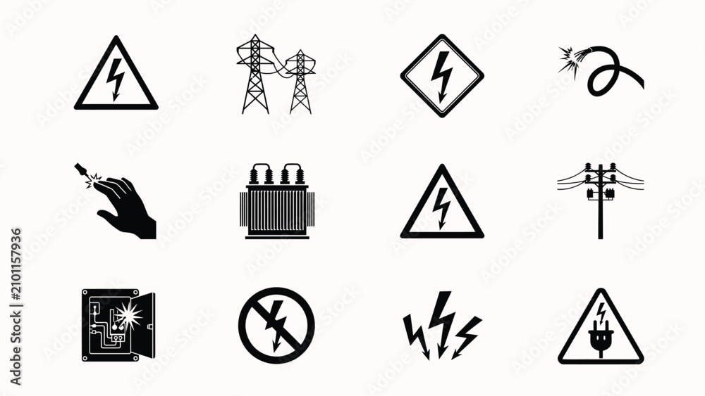 Naklejka premium Modern minimalist electrical safety and power transmission icon collection with arranged uniform grid easy readability professional use technical instructional materials