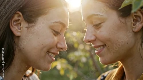 Two young women share a tender moment outdoors bathed in the golden glow of the setting sun.