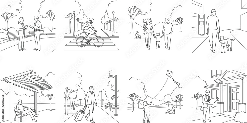 Obraz premium Urban Community Lifestyle Scene Outline Collection with Walking, Cycling, Parks, Public Spaces, and Neighborhood Activities Illustration