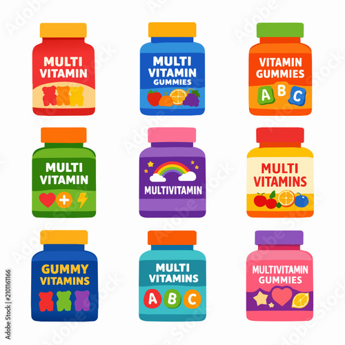 Colorful multivitamin gummy supplement bottles with fruit, ABC letters, hearts and rainbow