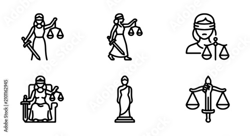 Schilderij op canvas Justice Icons Set: Lady of Justice, Scales, Sword, Blindfolded Goddess Vector Gr