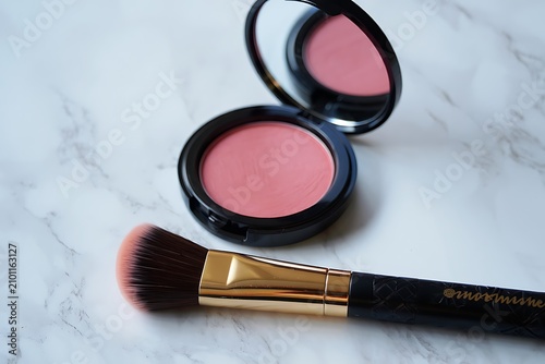 Pink blush compact with makeup brush