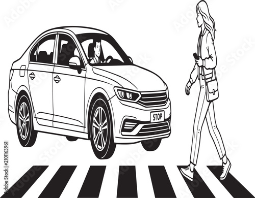 Bild auf Leinwand Woman crossing street on pedestrian zebra crossing in front of car with pedestri
