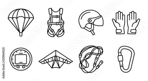 Obraz na płótnie Adventure Gear Icons: Parachute, Harness, Helmet, Gloves, Altimeter, Hang Glider