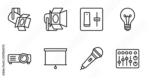 Foto Stage Lighting, Projector, Microphone & Sound Mixer Icons Set: Performance, Pres