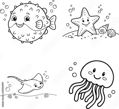 Photography Cute cartoon sea creatures set with bubbles