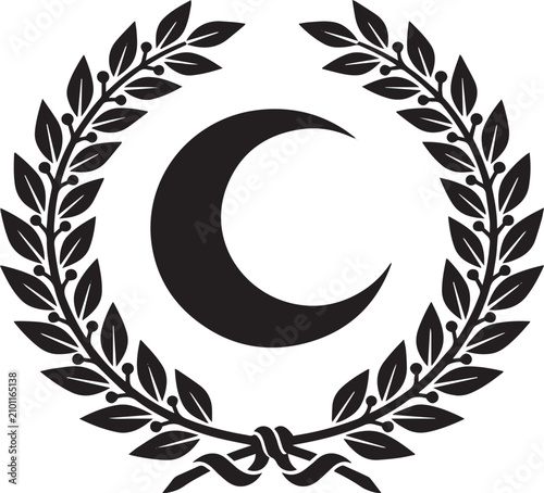 Konstfotografi Crescent moon centered inside a circular laurel wreath frame with crescent botan