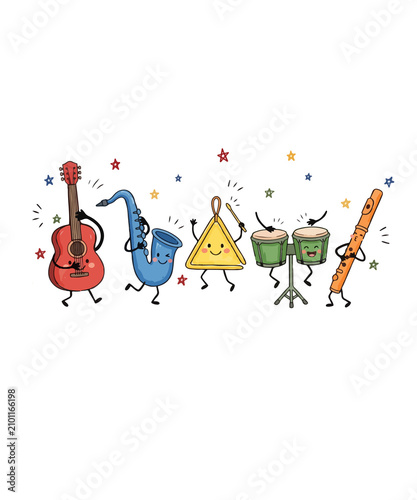 Konstfotografi Cute cartoon musical instruments band, happy anthropomorphic guitar and drums ch
