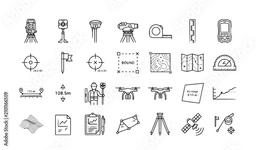 Obraz na plátně Land Surveying & Geospatial Line Icons Set – Survey Equipment, Mapping and GIS O
