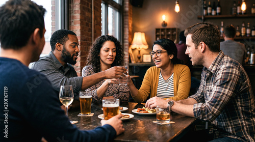 Friends at a Bar: A group of diverse friends enjoy a casual evening, sharing drinks and laughter at a cozy bar, creating a warm and inviting atmosphere.